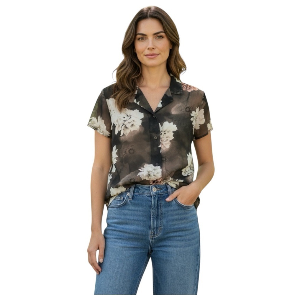 EVAN PICONE Button Up Short Flutter Sleeve Blouse, Sheer, Black Ivory Floral 14P